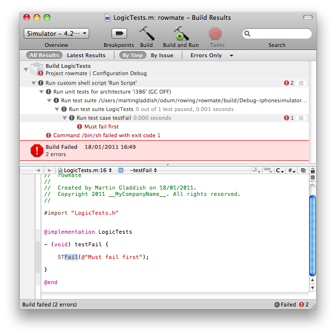 XCode Build Results window showing a failing test